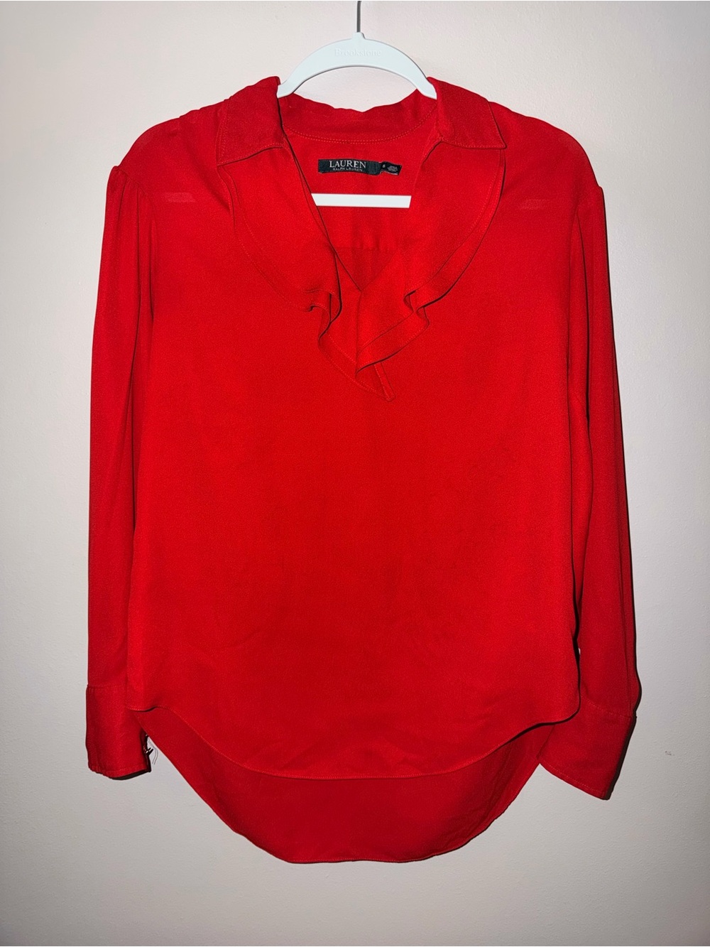 Lauren Ralph Lauren size Small Red Ruffle-Trim Long-Sleeve Blouse office siren